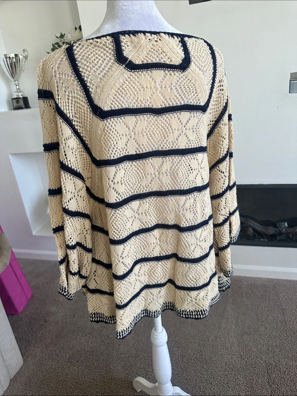 Free People Beige Open-Knit Square Neck Sweater with Black Stripes